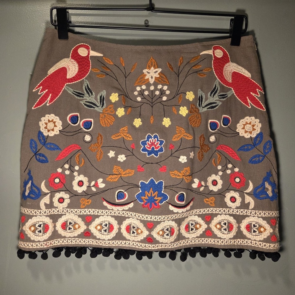 Altar'd State Embroidered Mini Skirt Pom Pom Hem Boho Tropical, Women's Size M